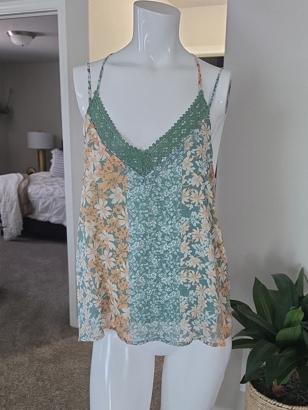 Miss Me Floral Lace-Trim Camisole in Sage Green and Cream